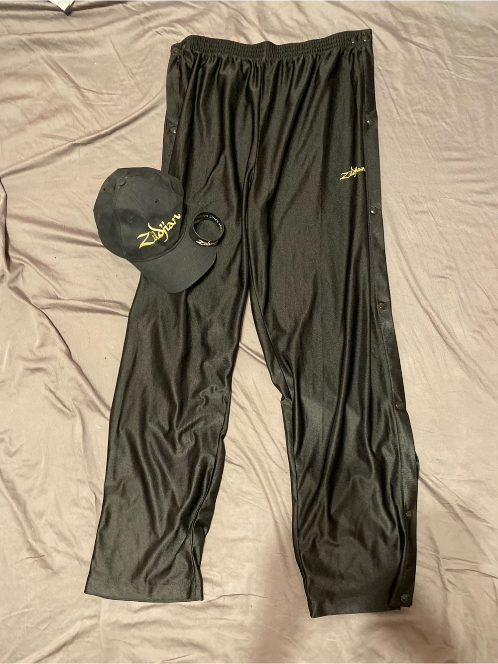 Zildjian tear away track pants (size XL), wristband, hat set bundle
